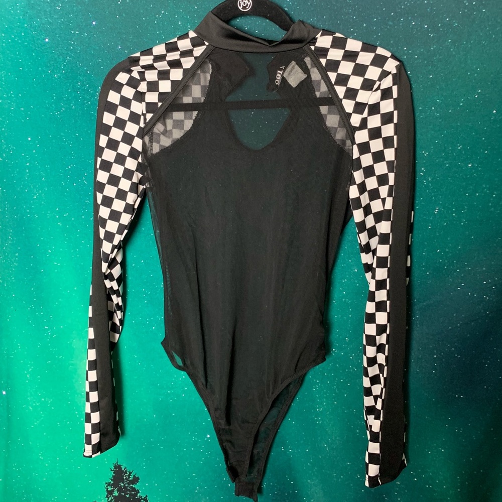 Mock neck mesh bodysuit with checkered sleeves